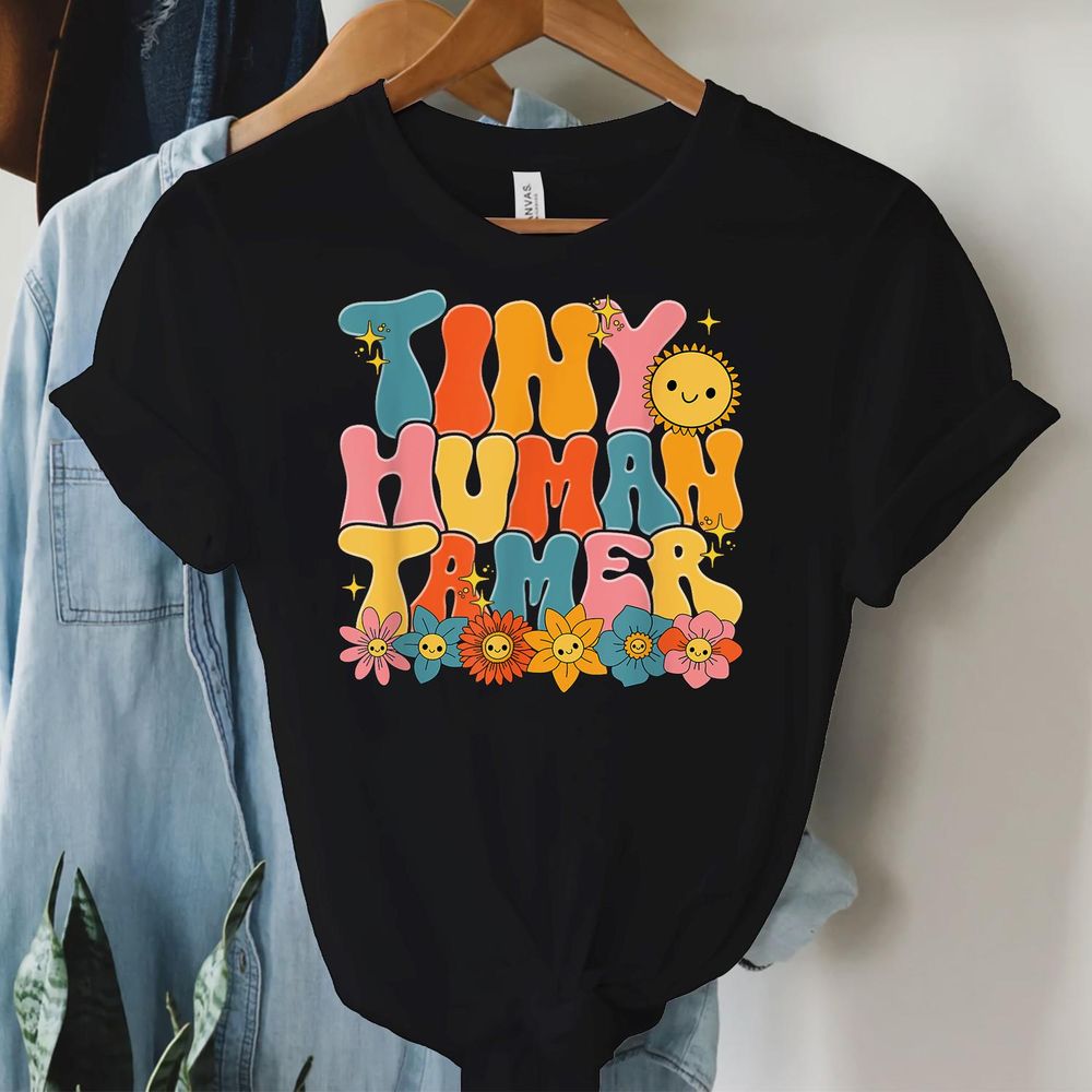 Tiny Human Tamer Retro Groovy Flowers Back To School Teacher Shirt Unisex Standard T-Shirt black s